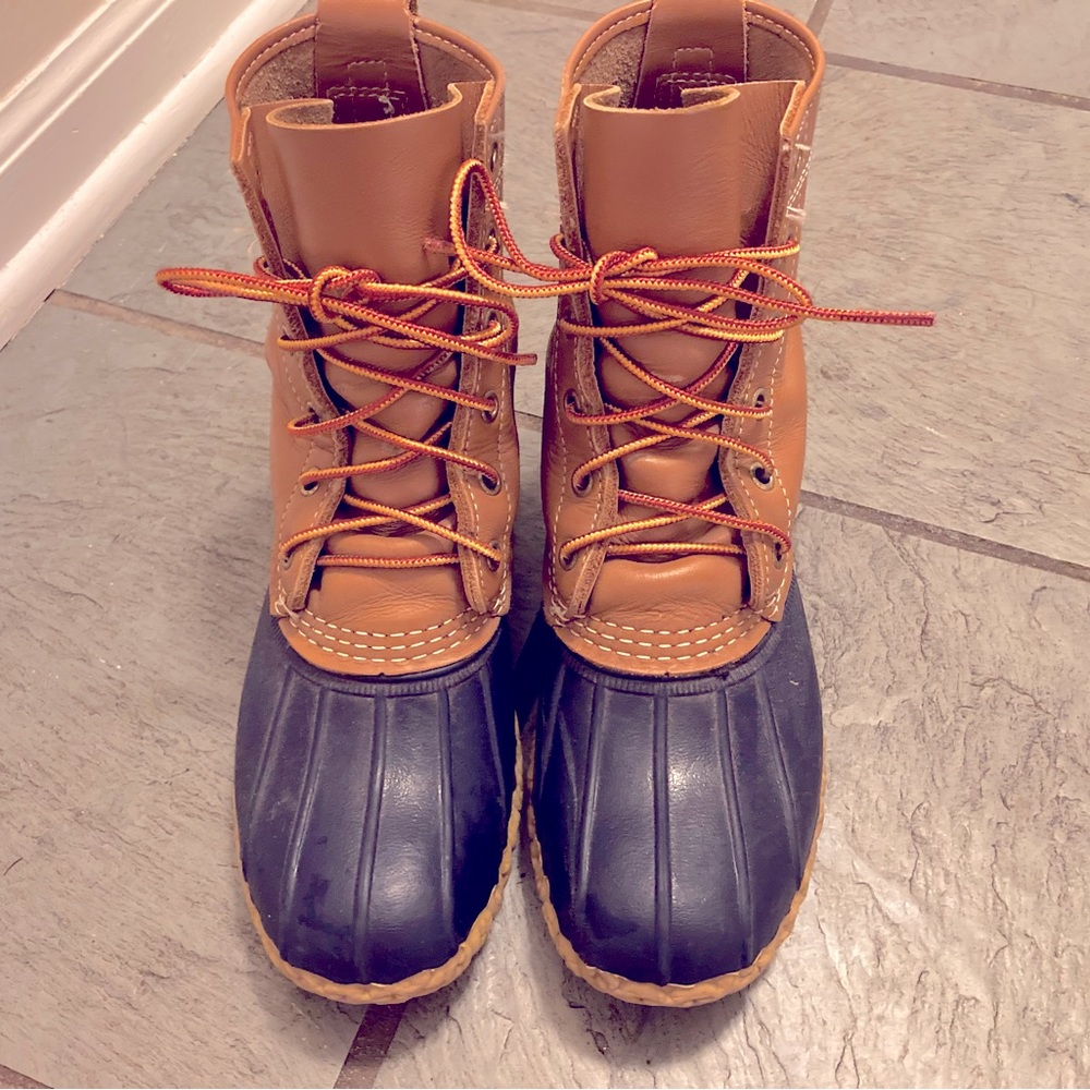 LL Bean Boots 8”, Unlined, Tan/Navy, Size 7 Medium